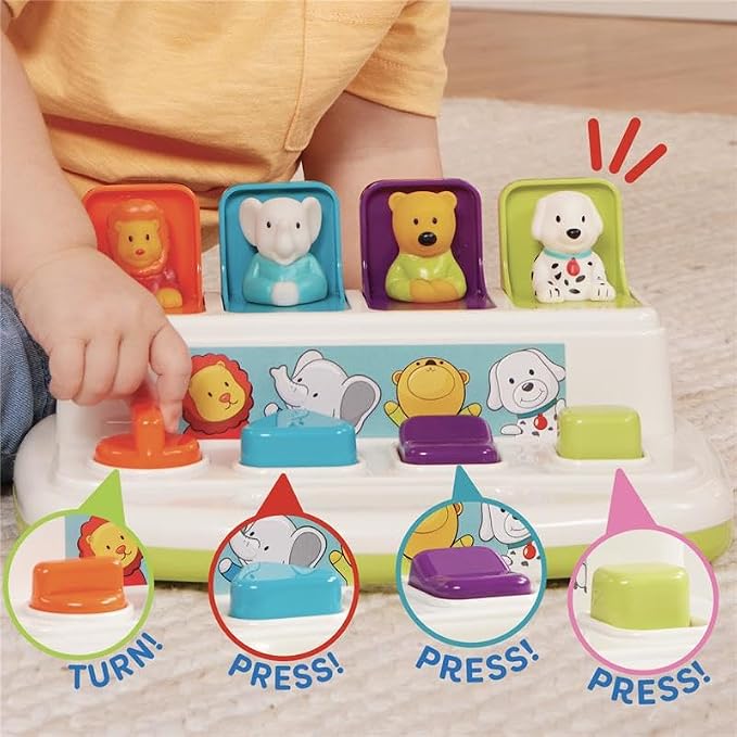 Battat Pop-Up Toy, Pop-Up Pals Cause-and-Effect Animal Toy, Toddler, 4 Pals | 4 animal pals pop up with turn, press, flip, and slide actions; colors, shapes, carry handle, Toddler, 4 Pals; 18+ Months