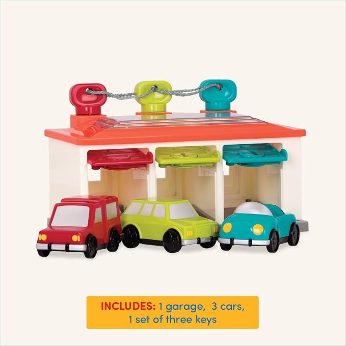 Battat 3-Car Garage, Color Sorting Push-and-Go Playset, Toddler | playset with matching keys, transparent roof, take-along handle, color and shape matching, Toddler, 2+ Years