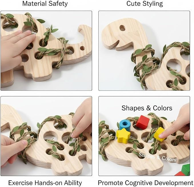 Eray Montessori Dinosaur Lacing Toy for Kids Ages 3-6, Wooden Threading Toy for Fine Motor Skills, Travel Quiet Toy with Colorful Laces, Preschool Learning Activities
