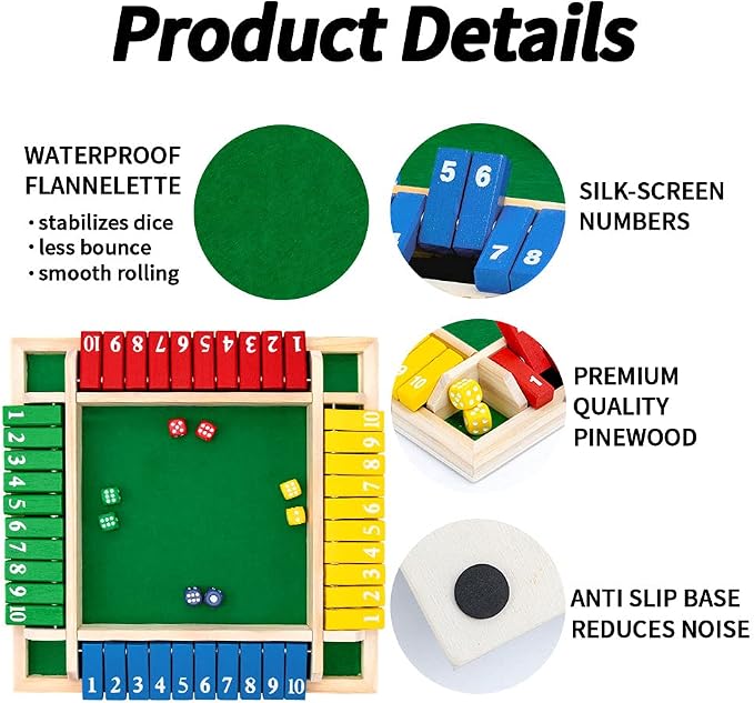 Nicecho Shut The Box Dice Game,2-4 Player Family Wooden Board Table Math Games for Adults and Kids, 8 Dices Classics Games for Classroom,Home,Party or Pub