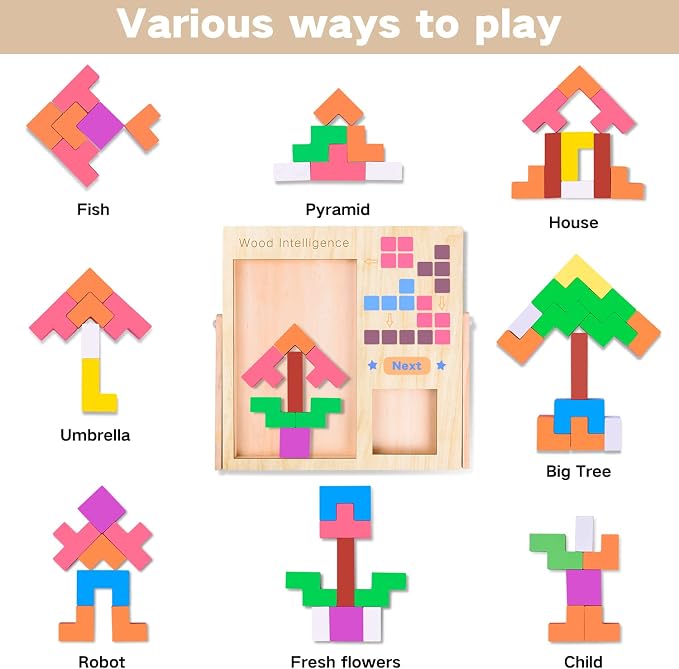 Wooden Puzzles for Kids Ages 4-8 8-10 Thick Colorful 3D Russian Blocks | Brain Teaser Tangram Jigsaw STEM Intelligence Toys Educational Gift for Toddlers 3 4 5 6 7 Years Old Boys Girls