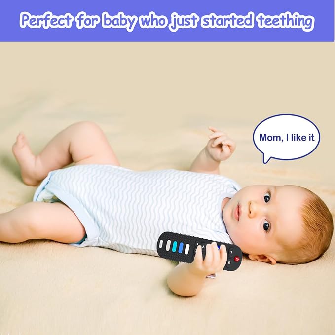 ROBBEAR Baby Teething Toys, Food Grade Silicone Teether for Babies 3 6 12 18 Months, TV Remote Shape Toddlers Chew Toys, Freezer BPA Free (Purple+Khaki)