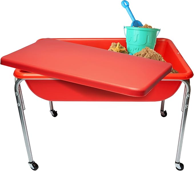 Children's Factory Water Table and Lid Set, Red Sensory Table for Kids, 24" | Sandbox with Locking Casters for Indoor or Outdoor Use, Rust-Resistant Sensory Bin for Classrooms, Preschools, and Daycares