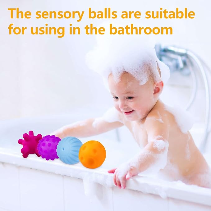 Baby Balls, 4 Pack Textured Multi Ball Set for Babies 3 Months+ | BPA-Free, Soft Easy-Grip Balls, Teething Play, Bright Colors, Tummy Time, Fine Motor & Sensory Play, Baby Sensory Gift