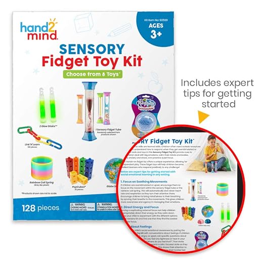hand2mind Sensory Fidget Toy Kit, Play Therapy Toys, Fidget Tube, Mini Glow Sticks, Play Foam, Stress Ball, Anxiety Sensory Items, Occupational Therapy Toys, Calm Down Corner Supplies (128 Pieces) | Sensory Fidget Toy Set, Calming Corner Classroom, Anx...