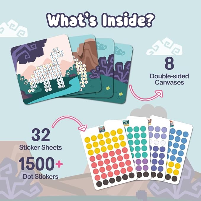 BINCA Dotties Dot Art Activity Kit, 1500+ Stickers, 8 Dinosaurs Mess-Free Activities, DIY Dot Sticker Art, Kids Travel Activities, Gifts for Girls Ages 4,5,6,7