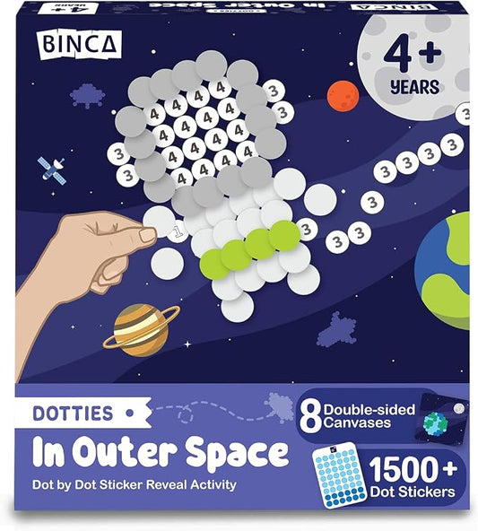 BINCA Dotties Dot Art Activity Kit - Space, 1500+ Stickers, Mess-Free Activities, DIY Dot Sticker Art, Kids Travel Activities, Gifts for Boys & Girls Ages 4,5,6,7