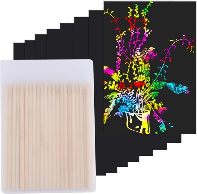 Cityrosy 100 Pcs Scratch Art Paper Rainbow Sets Arts and Crafts for Kids ﻿ | Classroom Supplies Black Magic Scratch Off Craft Set Kits for Age 3-12 Party Games Birthday Gifts Easter Basket Stuffers