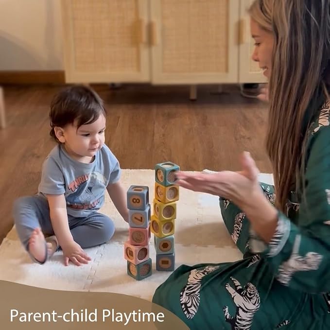 Mitico Wooden & Silicone Baby Stacking Blocks 6M+, Montessori Sensory Building Toy | Early Learning Play, Fine Motor Skills, Hand-eye Coordination, Open-ended Imaginative Play, Teething-safe Soft Edges