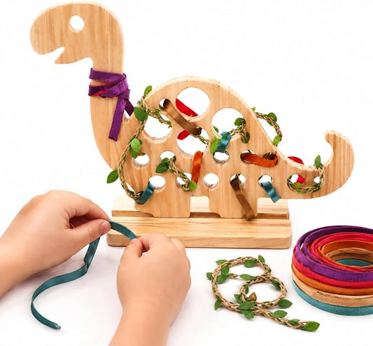 Eray Montessori Dinosaur Lacing Toy for Kids Ages 3-6, Wooden Threading Toy for Fine Motor Skills, Travel Quiet Toy with Colorful Laces, Preschool Learning Activities