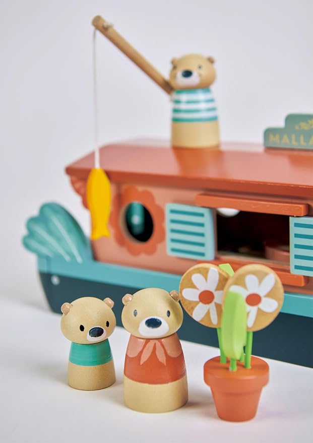 Tender Leaf Toys - Little Otter Canal Boat - 23 Pcs Furnished Wooden Boat Toy with Removeable Roof and Animal Figures - Gender-Neutral Open-Ended Play Set for Story Telling - Age 3 +