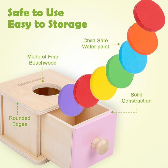 Adena Montessori Pink Wooden Coin Box 2 in 1 Object Permanence Toy 6+ Mo | Includes 6 colorful wood discs and a ball, works as color shape sorter and baby toy storage, smooth burr-free linden wood