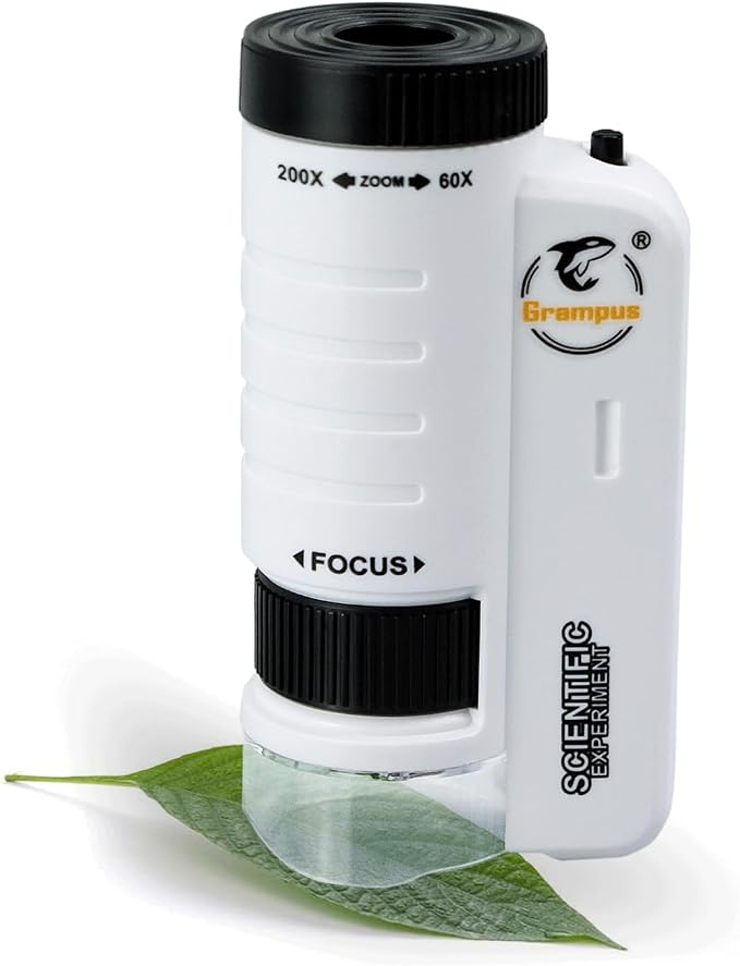 Grampus 60x-200x LED Pocket Microscope Portable Handheld STEM Toy for Kids Adults, Mini Microscope for Student Science Lab for Educational Microbiological Observation Outdoor Exploration