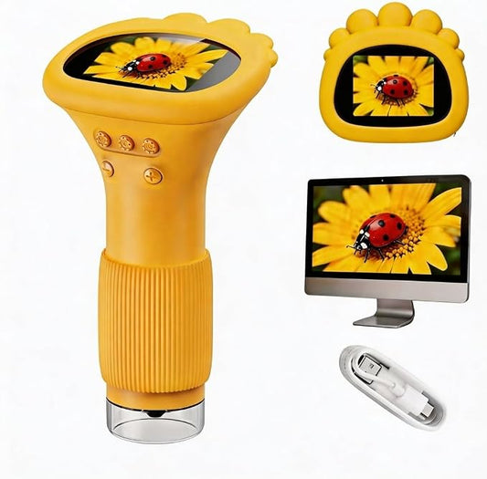 Kids Microscope Handheld – 2" Digital Microscope for Kids with 8 LED Lights, 50X-1000X Portable Pocket Microscope for STEM Learning, Educational Toy for Boys & Girls Ages 3-12（Yellow）