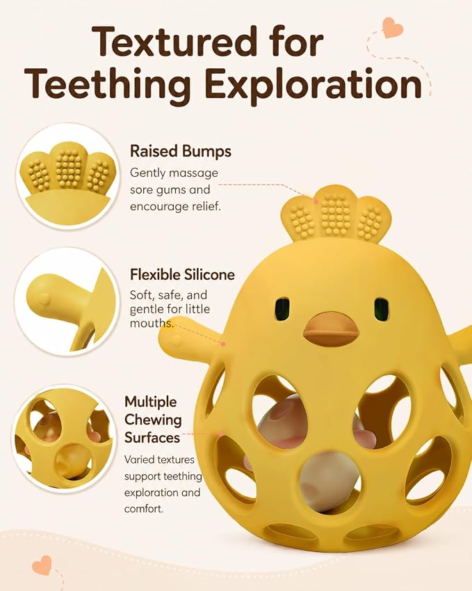 Tinabless 2-in-1 Baby Teether Rattle Toy, Easy Grip Silicone Teething Toy for Babies 3-12 Months, BPA-Free Sensory Chew Toy for Sore Gums, Infant Shower Gift (Yellow w/Rattle)