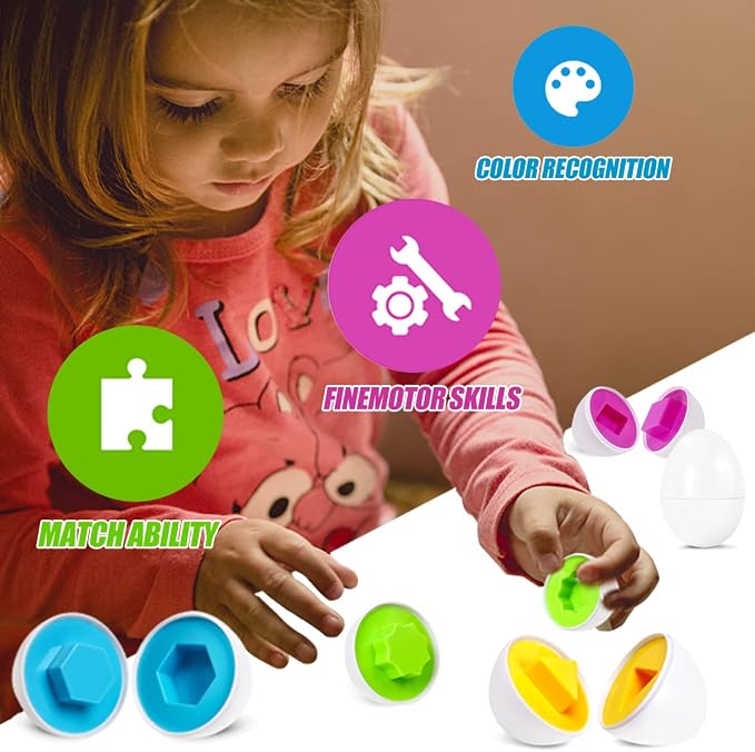Matching Eggs Easter Egg Toy for Toddlers - Color & Shape Recognition Sorter Puzzle, Early Learning Educational Fine Motor Skill Montessori Geometric Gift for 1 2 3 Year Old Kids Boys Girls (12pcs)