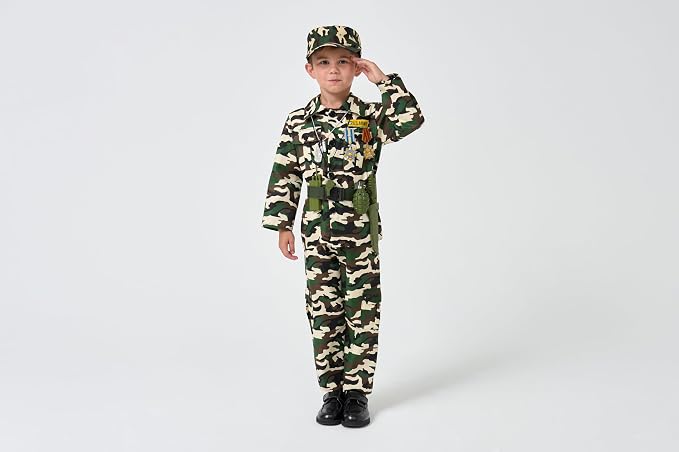 16PCS Kids Halloween Soldier Costume, Military Outfit with Accessories | Halloween Soldier Costume • 16PCS Military Set • Toy Accessories Included • Realistic Role Play • Ages 3-12