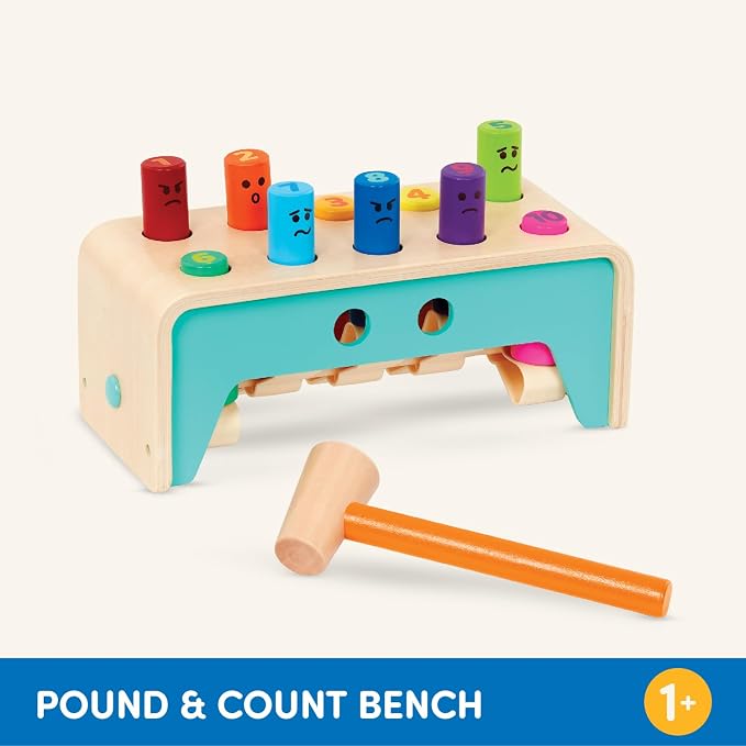 Battat Wooden Pounding Bench Toy with Mallet, Pound & Count Bench | Wooden pounding bench with 10 colorful pegs and 1 mallet for numbers, colors, and emotions; side mallet storage; 1+ Years