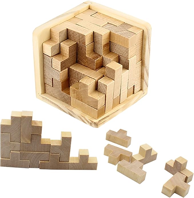 AHYUAN Wooden Brain Teaser Puzzles Cube Stocking Stuffers Wooden Puzzles T-Shaped Jigsaw Logic Puzzle Educational Games Toy for Kids and Adults (Natural)