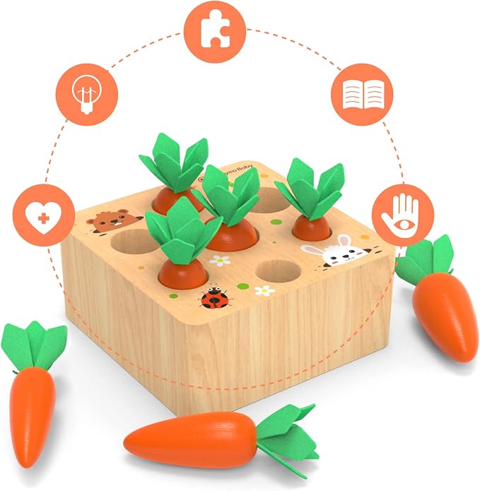 KMTJT Montessori Carrot Harvest Game Wooden Toy for 2 3 Year Old Toddlers | Educational Carrot Harvest Toy for Boys and Girls, Shape Sorting Matching Puzzle, Developmental Birthday Gifts