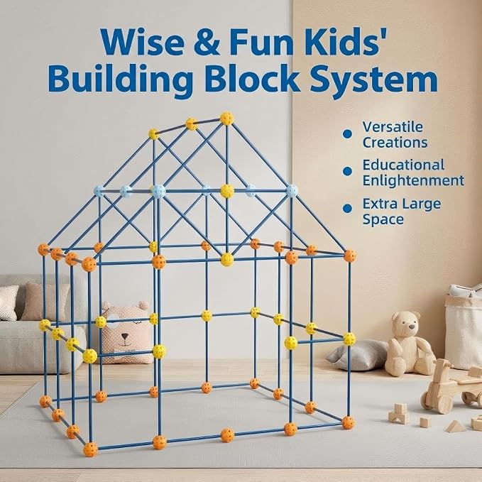 Fort Building Kit, 158 Pieces Construction STEM Toy Set, Indoor Outdoor Building Blocks with 55 Rods and 48 Balls, Kids DIY Play Fort Ages 3-12