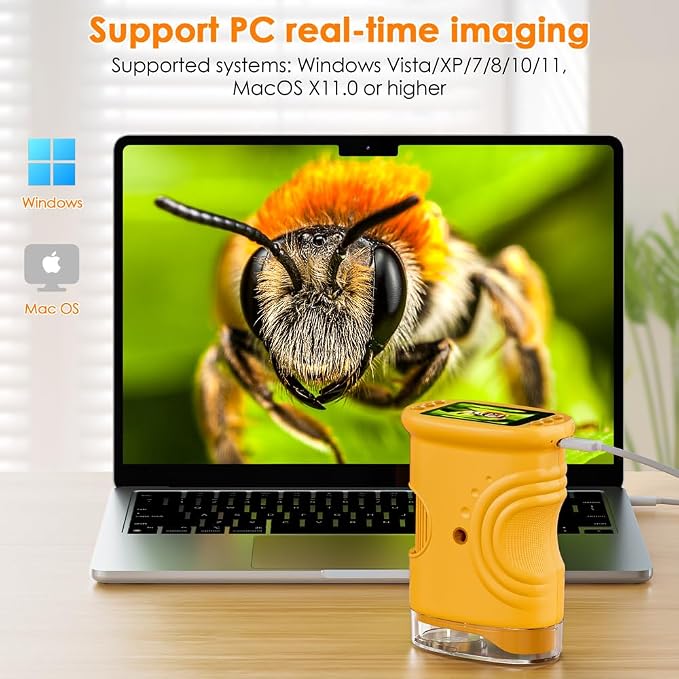 Temodu Kids Microscope 2.0" Screen 1000X Digital Microscope for Kids, Mini Pocket Handheld Microscopes for Children Birthday Festival Gift, Science Education Fun Toys for Boys Girls Ages 4-12 (Yellow)