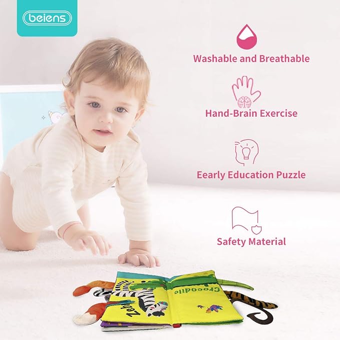 beiens Baby Books Toys, Tummy Time Touch and Feel Sensory Toys for Infant | Crinkle Cloth Book Toy for Baby 0-3-6-12-18 Months, Early Development Stroller Soft Toy, Newborn Shower Gift for Boy Girl