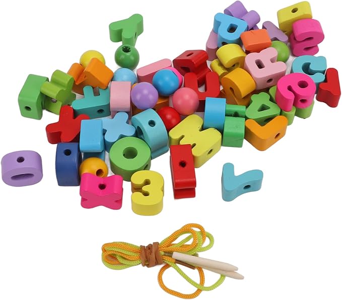 Wooden Rainbow Threading Letters Numbers Toy, 51Pcs Alphabet Lacing Beads for Kids Stringing Teachers Motor Skills Multi Color craftwood