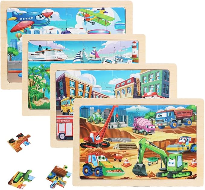Wooden Puzzles for Kids Ages 4-6, 24 Piece Vehicle Car Construction Jigsaw Puzzles 4 Packs, Preschool Toddlers Learning Activity Puzzles Toys for Boys Girls 3 4 5 6 Years Old (Mixed Style)