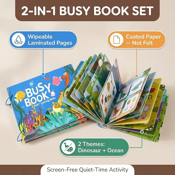 Montessori Busy Book Set (Dinosaur + Ocean) – Preschool Learning Activities for Ages 3+, Fine Motor Skills, Interactive Velcro Activity Kit, Travel Toy for Kids (2-in-1 Bundle)