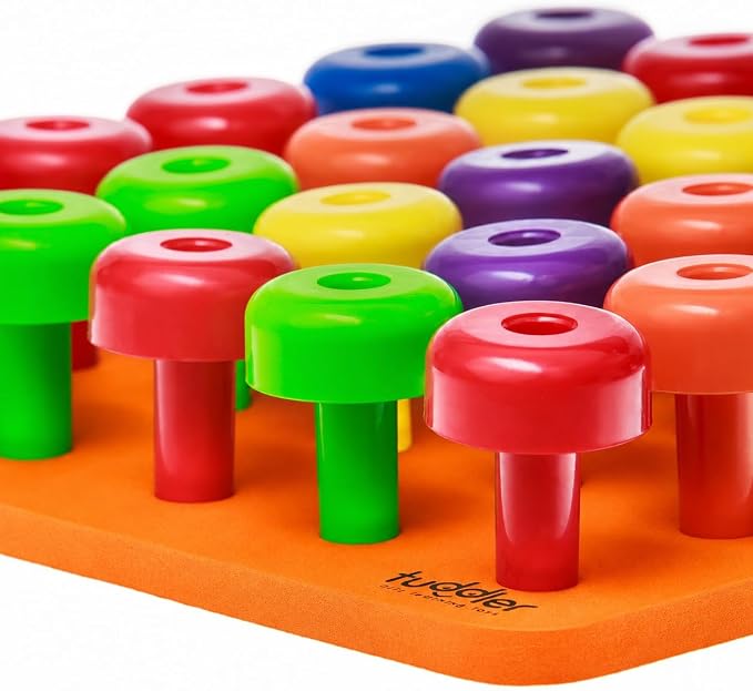 Toddler Peg Board Sensory Montessori Fine Motor Skills Educational Toys - 30 Stackable Pegs + Pattern Card + Drawstring Backpack + E-Book (Orange)