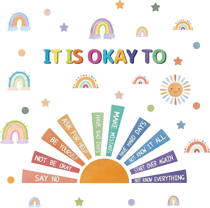 LHIUEM Positive Self-Affirmations Wall Decals Cute Mental Health Wall Decor | It Is Okay To Wall Stickers Colorful Sun Rainbow Window Clings Positive Psychology Quotes Decor for Kids Nursery Bedroom