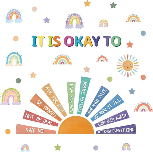 LHIUEM Positive Self-Affirmations Wall Decals Cute Mental Health Wall Decor | It Is Okay To Wall Stickers Colorful Sun Rainbow Window Clings Positive Psychology Quotes Decor for Kids Nursery Bedroom