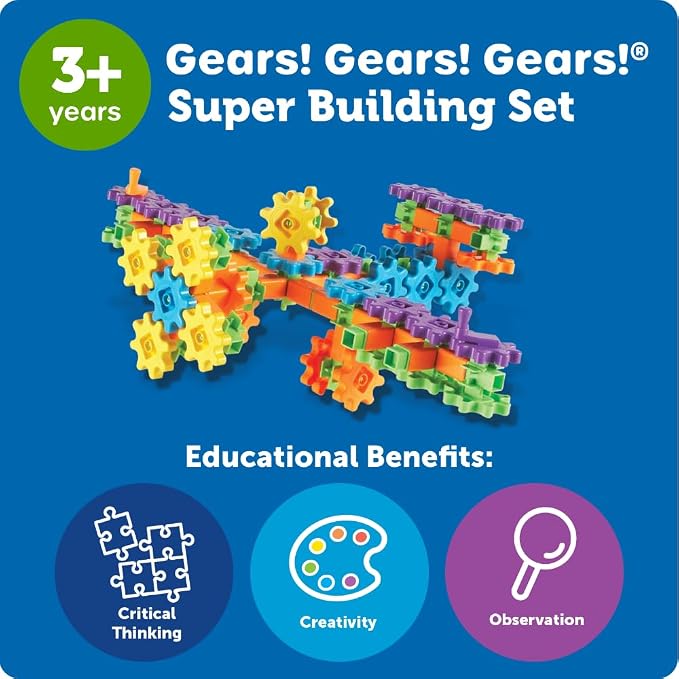 Learning Resources Gears! Gears! Gears! Super Building Toy Set, STEM Toys, Construction Toys, Gears for Kids, 150 Pieces, Ages 3+, Blue