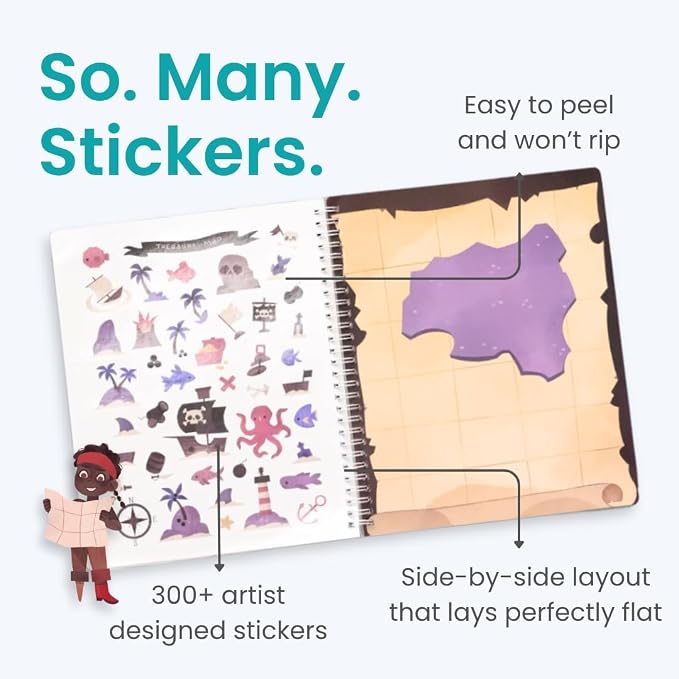Cupkin Pirate Coloring & Sticker Activity Book | 300+ Stickers | Spiral-bound kids craft format with 8 scenes, 8 art pages, side-by-side viewing, and an easy-peel design for ages 2–8