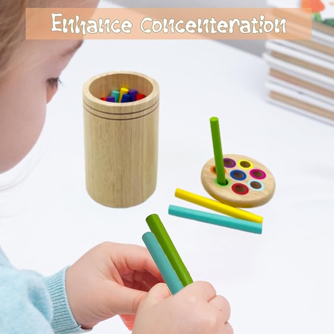 Wooden Montessori Sticks Toys for Kids, 8 Colors Natural Wood Toddler Learning Sorting Toys for 3 Year Old, Sensory Matching Game Birthday Gifts for Boys Girls (Round Sticks)