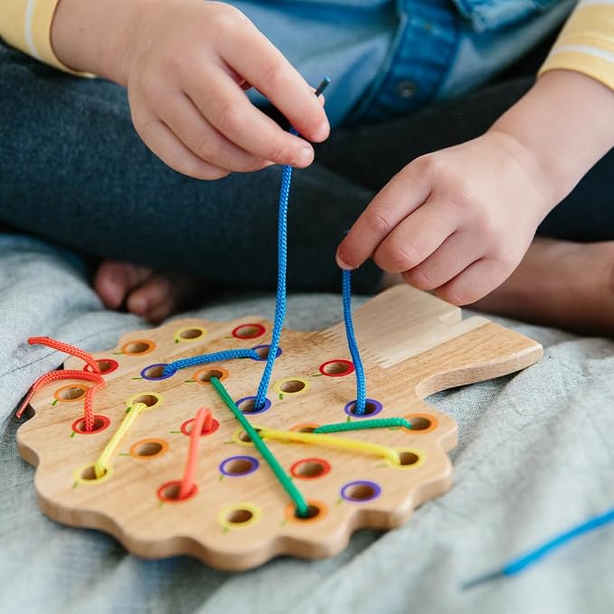 The Freckled Frog Threading Tree | Ages 18m+ | 8 Colorful Laces with Wooden Threading Tree | Montessori Toddler Lacing Toy