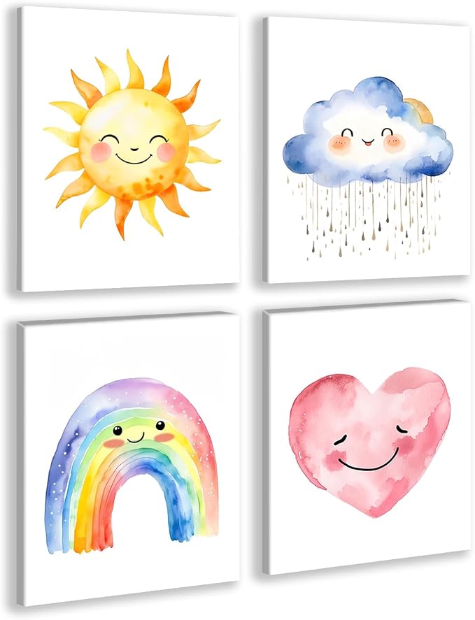 Framed Girls Rainbow Canvas Wall Decor Watercolor Sun Cloud Heart Decor | Kids Sunshine Painting for Classroom Kids Room Baby Room Bedroom Dormitory Decor 8''X10''