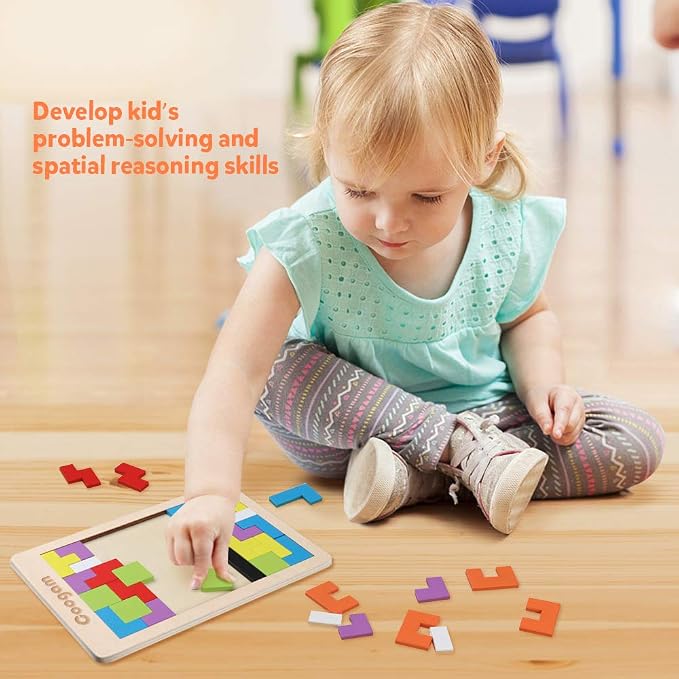 Coogam Wooden Blocks Puzzle Brain Teasers Toy Tangram Jigsaw Intelligence Colorful 3D Russian Blocks Game STEM Montessori Educational Gift for Kids (40 Pcs) | Wooden Puzzle Box Brain Game Building Block Intelligence Educational Gift for Toddlers