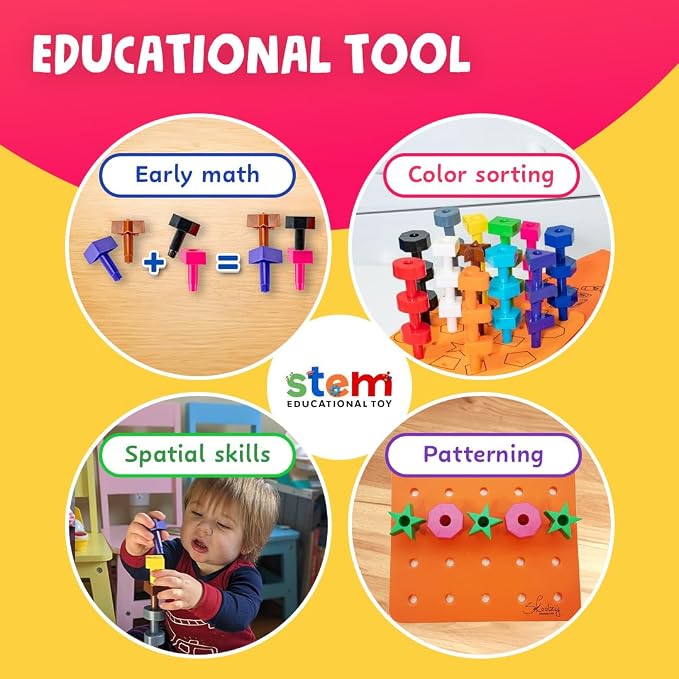 Peg Board Set, Montessori, 38 Pc Plastic w/Shapes, Ages 2+ | Occupational Therapy Toys with Pegs, Dice, Lacing String & Storage Bag, Educational, Sensory