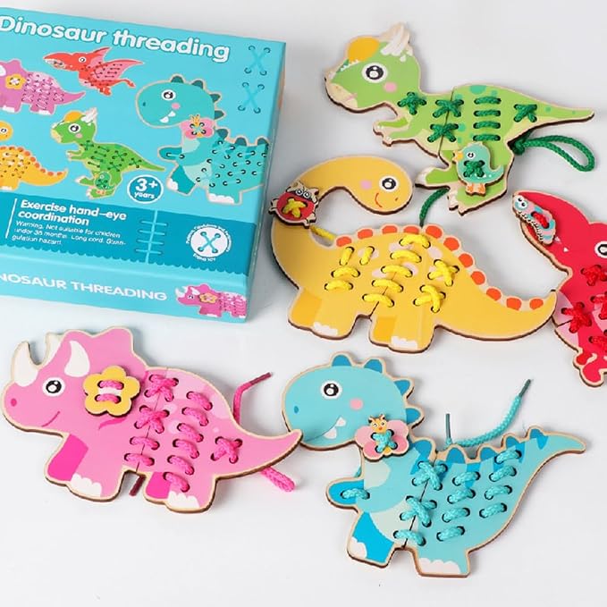 Wooden Dinosaur Threading Toy, Lacing String Beading Game | Montessori Threading Board, Fine Motor Skills Toy
