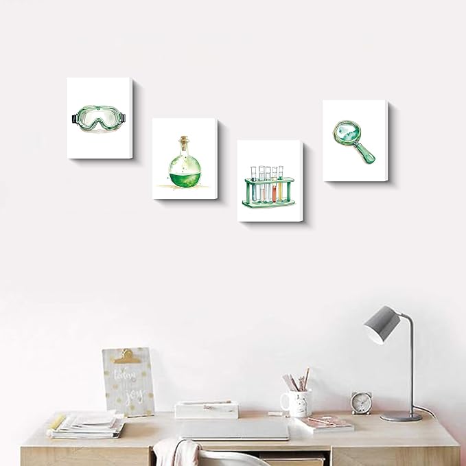 Framed Science Wall Art Canvas Prints,Microbiology Chemistry Wall Prints | Colorful and Interesting Science Explore Canvas Posters for Laboratory Kids Classroom Bulletin Board Decor Set of 4 (8"x10")