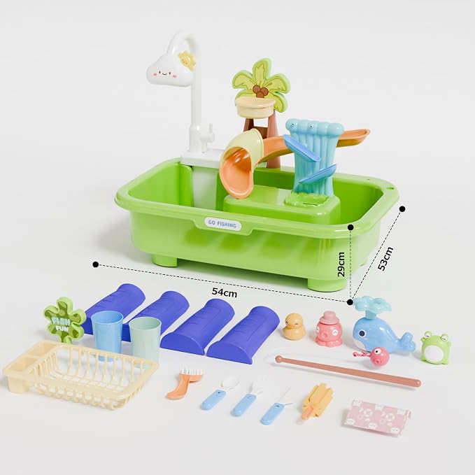 Water Table for Toddlers 1-3 with Pump, Spring-Green | 22Pcs Toy Accessories, 4L Basin, Fishing & Kitchen Sink. Outdoor Sensory Toy for Toddlers 1.5-3
