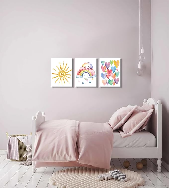 Rainbow Sun Heart Framed Canvas Wall Art,Pink Watercolor Decor 12x16in | Boho Rainbow Nursery Canvas Painting Bedroom Bathroom Classroom Wood Framed