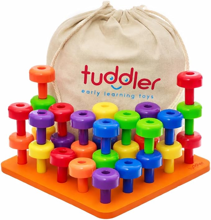 Toddler Peg Board Sensory Montessori Fine Motor Skills Educational Toys - 30 Stackable Pegs + Pattern Card + Drawstring Backpack + E-Book (Orange)