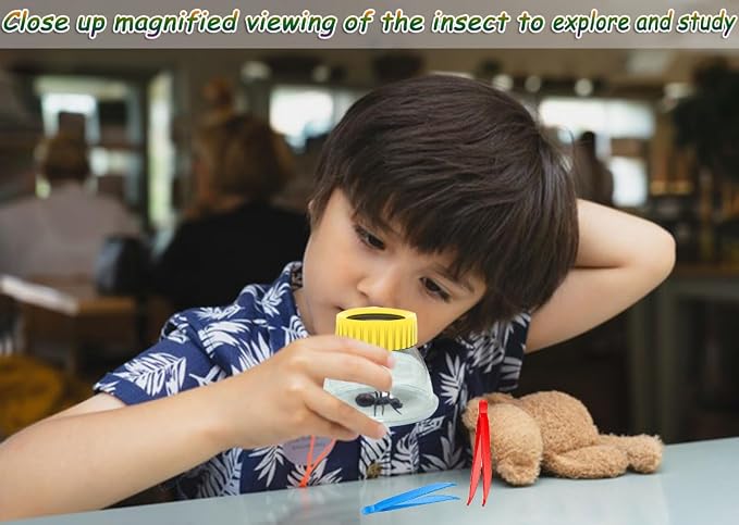 Bug Viewer for Kids 3X Magnifying Insect Observation Kit Built-in 7cm Ruler with 2 Slant Tweezers Bug Jar Catcher Cage for Kids Science Nature Exploration (2Pack Yellow)