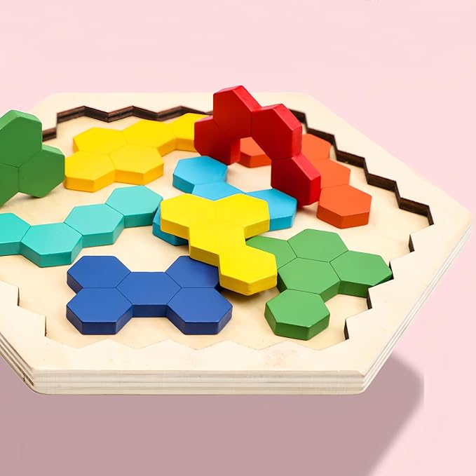 4 Pack Wooden Blocks Puzzles | Russian Blocks, Hexagon Puzzles, Tangrams Puzzles, Board Tic Tac Toe Game, Brain Teasers Toy Logic Game