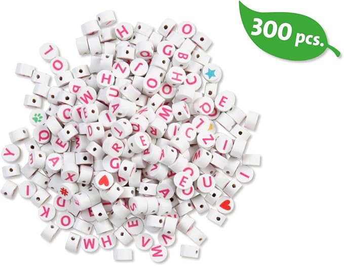 Lena 32050 Wooden Letter Beads Craft Set, 300 Round Threading Beads and with Pink Letters, Wooden Beads Set for Children from 3 Years, for DIY Beads, Jewellery, White, Medium