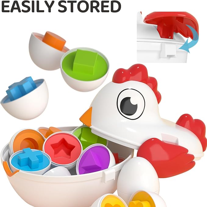 TEMI Toddler Chicken Easter Eggs - Color Matched Game Shape Sorter | with 6 Toy Eggs for Kids 3-5, Fine Motor Skills Sensory Toys, Educational Gifts for 3-6 Girls Boys Baby