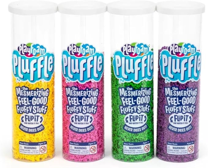 Educational Insights Pluffle 4-Pack (Yellow, Pink, Green, & Purple) - Preschool Sensory Bin Filler, Tactile Sensory Toys for Toddlers 3-4, Mess Free Slime Alternative, Satisfying Foam Sand Bin Filler